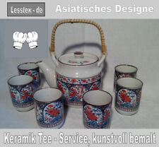 Asiatisches Tee - Service Keramik bemalt, 7 teilig, 1 Teekanne 6 Teebecher