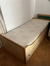 Massivholz Bett 100x200 cm Kiefer , Mit 2 Schubfächern & Lattenrost, Superstabil