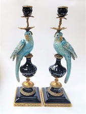 PORZELLAN BRONZE KANDELABER SET KERZENSTÄNDER PAPAGEI KERZENHALTER 