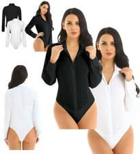 Damen Langarm Hemd-Body Shirt Bluse Büro Bodybluse Hemdbluse Stringbody Overalls