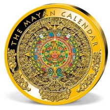 MAYA KALENDER - Azteken / Sonnenscheibe - MEDAILLE - KOLORIERT - VERGOLDET