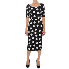 DOLCE & GABBANA Charmeuse Sheath Macro Polka Dot Midi Kleid Schwarz Weiß 