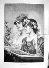 Original alter antiker Druck 1892 Weihnachtslied schöne Mädchen singen 19.