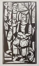 Paar bei der Obst-Ernte - E. Sebu - signierter Linolschnitt - Genre Herbst 1960