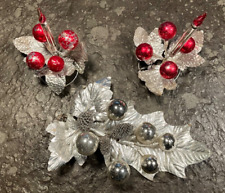 alt 3teilig Tischdeko Weihnachten Kugeln Kerzen Glas Blätter geprägt silber rot