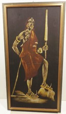 Batik Bild Stoffbid "Afrikanischer Krieger mit Speer " 49x92cm sign.   in Rahmen