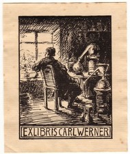 ANONYM: Exlibris für Carl Werner, Retorte, Sanduhr