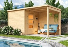 Saunahaus Gartensauna Außensauna Pepe 2 38mm mit Anbau 2,4m naturbelassen Karibu