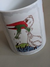 Tasse weiß Bedruckt „NEVER GIVE UP “ Frosch würgt Storch  unbenutzt neuwertig