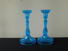 1 Paar alter Jugendstil Pressglas Kerzenhalter Blau um 1900 Glas Kerzenständer