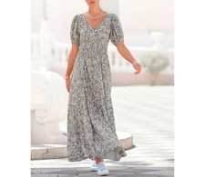 Marken Damen Maxikleid Sommerkleid Kurzarm V-Ausschnitt grau Gr. 38