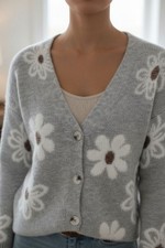 Strickjacke Grau Pulli Damen Lässig Blumen  Langarm Pullover Sweater Floral 