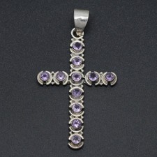großer Kreuz Anhänger 925er Silber - Amethyst Edelstein - Handarbeit - 6,9cm