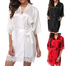 Damen Satin Kimono Robe Nachtwäsche Bademantel Morgenmantel Saunamantel Negligee