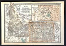 Idaho und Wyoming Karte Yellow Stone Nationalpark Original Litho Farbe 1901