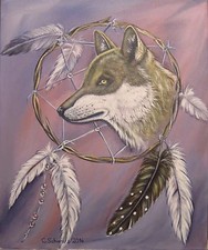 Christiane Schwarz; DREAMCATCHER WOLF  50x60cm TRAUMFÄNGER BILD KUNST ACRYL LILA