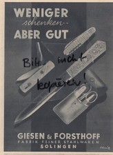 SOLINGEN, Werbung 1939, Giesen & Forsthoff Fabrik feiner Stahlwaren Scheren Tasc