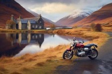Wandbild: Klassisches Motorrad, geparkt in einer malerischen Landschaft, [...]