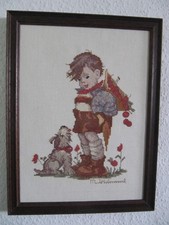 Bild, Hummel Motiv, Junge mit Hund,Kreuzstich,Handarbeit,Echtholzrahmen