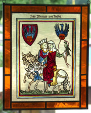 Bleiverglasung Fensterbild Bernhardt- Glasmalerei mit manessischen Codex- Motiv