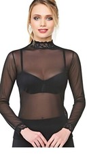 Damen Mesh Shirt Transparent Langarm Spitze Top Schwarz Club Party Elegant Neu