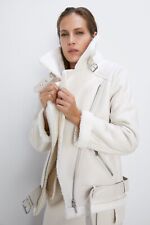 ZARA SHEARLING Aviator Biker Lederjacke Kunstfell Jacke Faux Leather Jacket L
