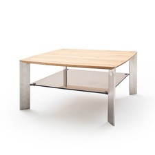 Couchtisch - Asteiche massiv - Edelstahl - Glasablage - 80 cm Sofatisch