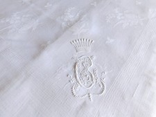 FESTLICHES LEINEN DAMAST TAFELTUCH WEISS STICKEREI KRONE MONOGRAMM