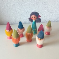 Holz Schneewittchen 7 Zwerge Märchen Gedrechselt Alt Bart Mütze Handarbeit Figur