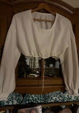 Dirndlbluse Gr  L 40 38 M weiß Leinen mit Spitze Langarm Trachten aus Österreich