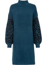 Neu Strick-Kleid m Leomuster Gr. 40/42 Blaupetrol Schwarz Langarm Freizeit-Dress