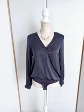 ? Blaugrau Satin Body Bluse Shirt ? V-Ausschnitt Knöpfe Business Blogger 36