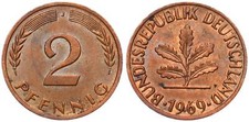 Deutschland 2 Pfennig 1969 J Rondenverwechselung nicht magnetisch +Zertifikat Vz