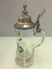 Alter Bierkrug Bierseidel m. Zinndeckel Bierglas Krug Glas m. Malerei H26cm