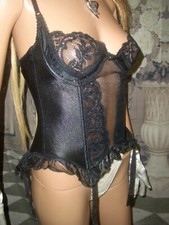 Sexy Pin Up Straps Sissy Spitzen Corsage Rüschen Korsage 75 B schwarz neu (lg24)