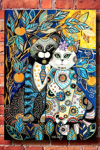 Handgemalte katze wand - handgemalte, bild