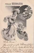Künstler-AK - Weihnachten - Frau m. Hut + Mädchen in Schubkarre m. Puppe - 1911
