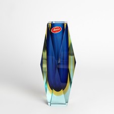 Murano Glas Vase Blockvase Sommerso Poli art mid century Blau Gelb dekorativ