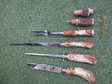 Tranchierbesteck mit Hirschhorngriffe geschnitzt + Flaschenverschluss+ Ausgießer