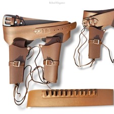 `COWBOY REVOLVER LEDER GUN HOLSTER GÜRTEL BRAUN WESTERN Doppel Pistolenholster Neu