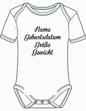 Baby Body mit Druck Motiv Geschenk zur Geburt Name Datum Größe Gewicht, Foto