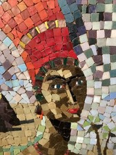 Vintage Keramik / Glas Mosaik Frauenportrait Mid Century Tretchikoff Ära 60cm