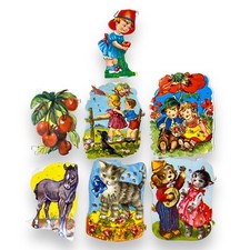 Vintage Kinder Katze Oblaten Set 7x  Glitzer Lack Bilder Poesie Paper Scraps Alt