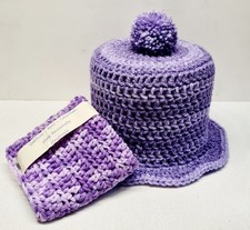 Klohut Lappen Lila Flieder WC Papier Mütze Bommel Hut Häkelhut Waschlappen