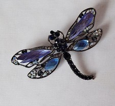 Brosche, Anstecknadel, mit blauen Strasssteinen, Modeschmuck, Libelle