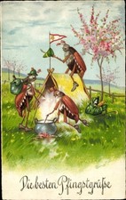 Ak Glückwunsch Pfingsten, Maikäfer beim Zelten, Lagerfeuer, Kochtopf - 11242411