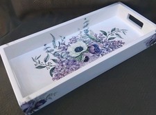 Tablett Serviettentechnik, kl. Servier-/Dekotablett, Holz weiß mit blauen Blumen