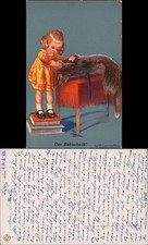 Scherzkarte  - Der Bubischnitt Mädchen schneidet Katzen die Haare 1928