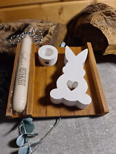4 Teile Hase Geschenk Deko Oster Hasen Set Kerze Halter Echt Holz Brett Ostern💗