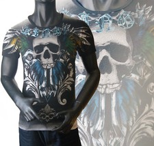 Herren Kurzarm T-Shirt Muskelshirt Achselhemd Strassstein Totenkopf Basis Skull